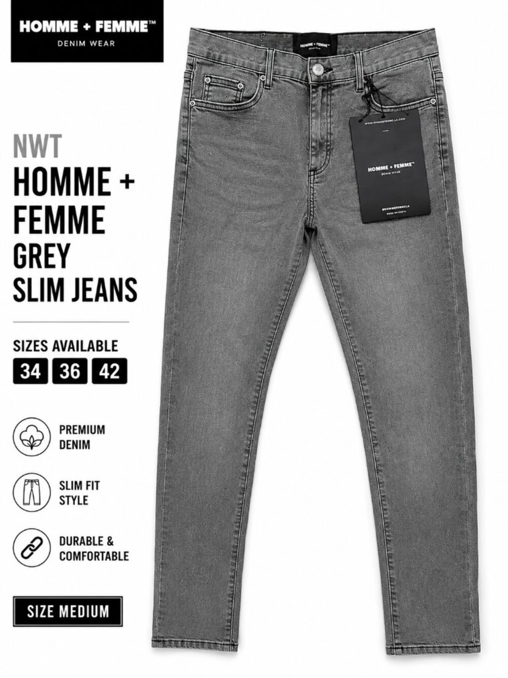 NWT Homme + Femme Slim Fit Jeans Grey Men's Sizes 34 36 42